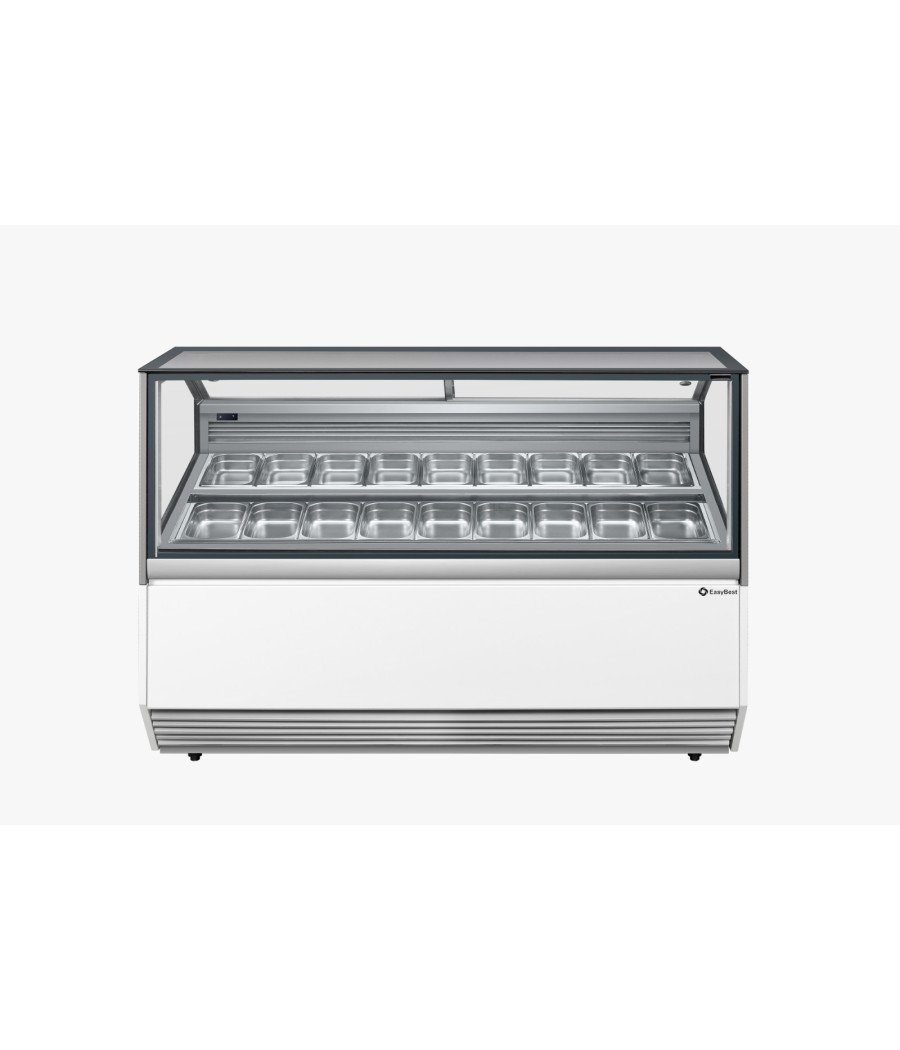 Vitrine à glace professionnelle installée en glacier artisanal avec présentation gelato