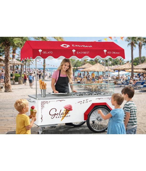 chariot à glace professionnel EasyBest sur plage avec canopy coloré