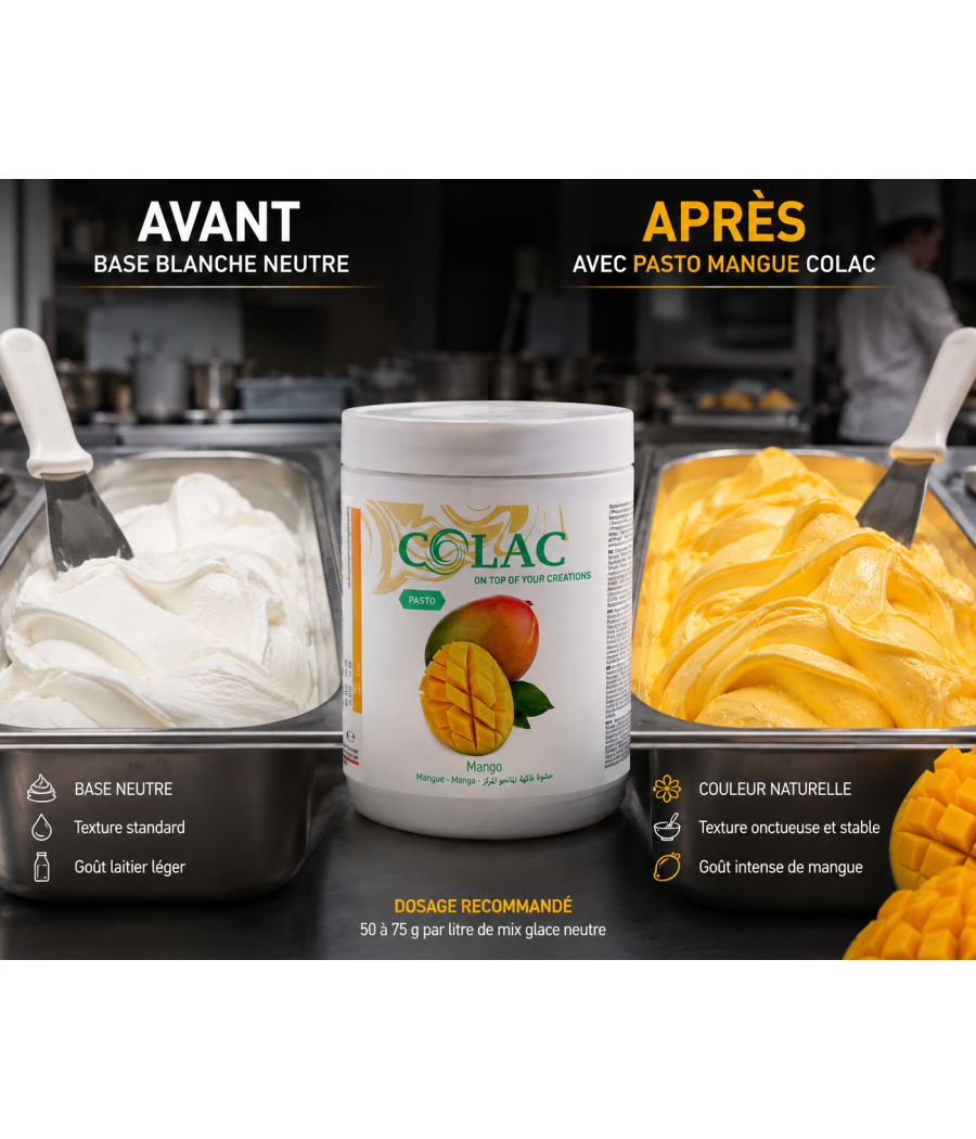 Comparatif avant/après :

base blanche neutre
transformation après incorporation du Pasto Mangue.